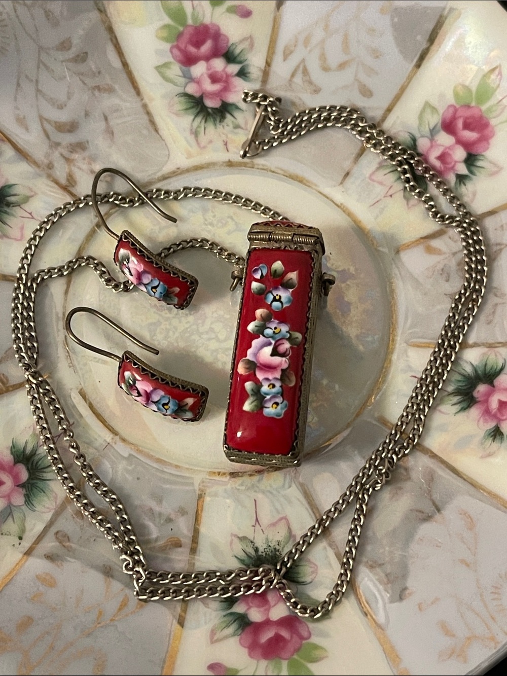 Vintage Russian Finfit Hand-Painted Enamel Pillbox Locket Necklace & Earring Set